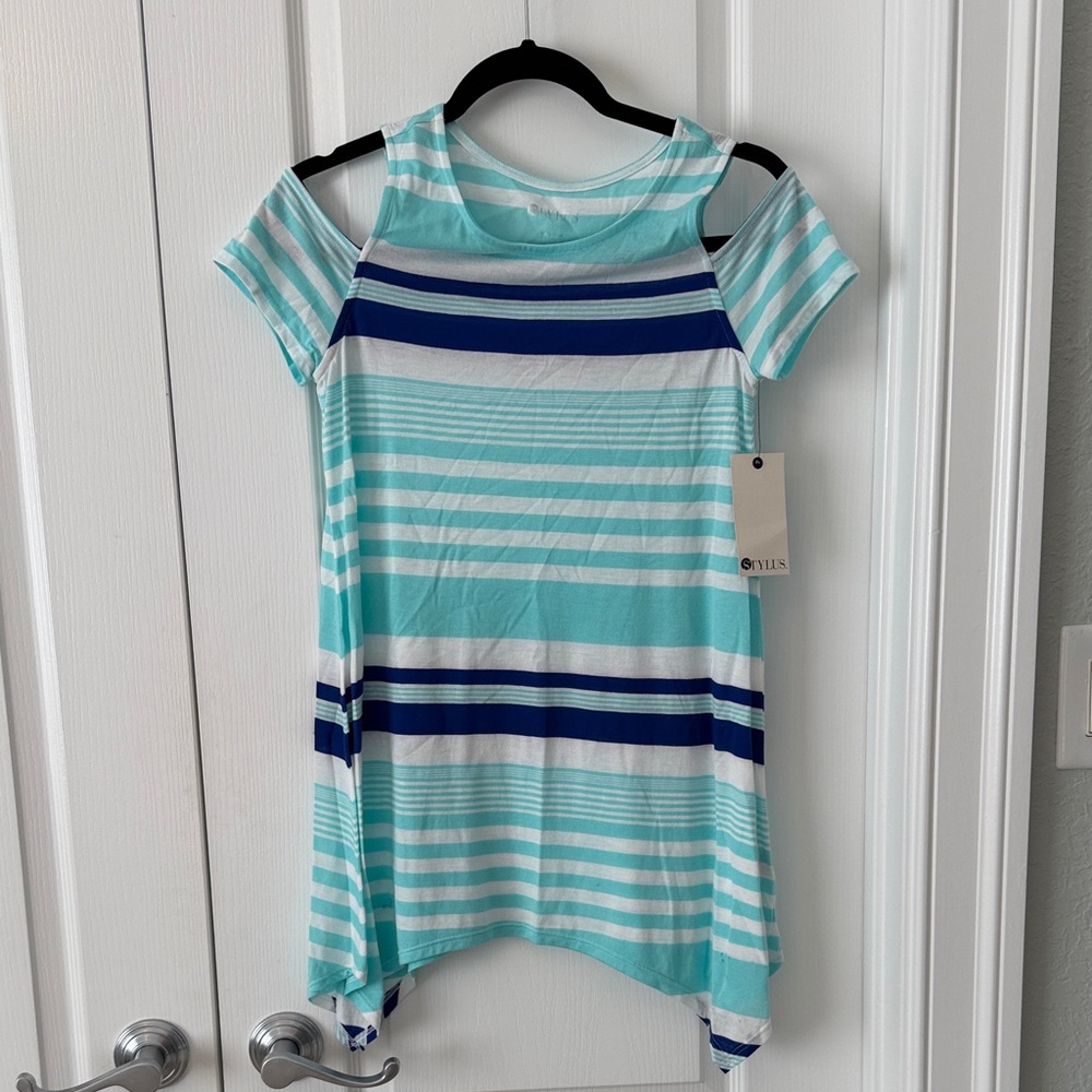 STYLUS Blue and White Striped Cold Shoulder Short Sleeve Top